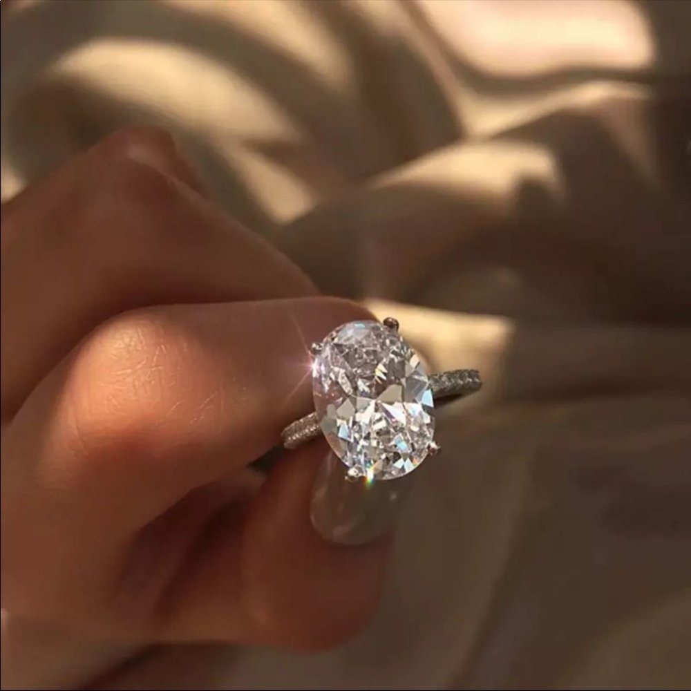 925 Stamped Silver Oval Diamond Ring - Picture 2 of 5